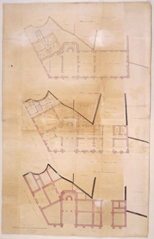 Projet d'hôtel de ville à l'emplacement des actuels 2, rue Tiraqueau et 28-30, place du Marché aux Herbes, au 1/100e, signé A. Garnereau, n.d. [1859]. Reproduction Archives départementales de Vendée (cliché 2426).