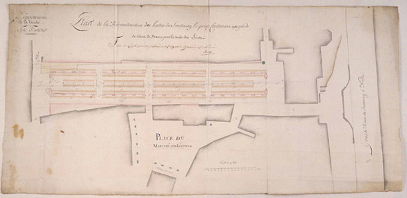 Projet de reconstruction des halles, environ au 1/250e, signé et daté Messager, ingénieur en chef des Ponts-et-Chaussés du Département de la Vendée, l'an V (1797). Reproduction Archives départementales de Vendée (cliché 2446)