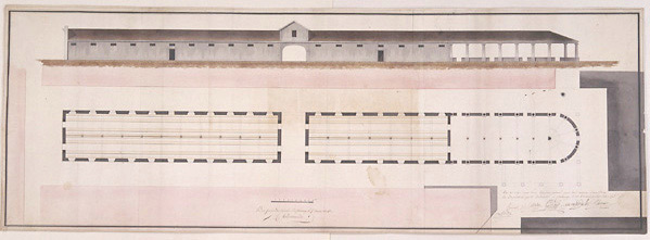 Projet de restauration des halles, environ au 1/130e, signé et daté La Bretonnière (ingénieur), le 17 ventôse an X (26 février 1802). Reproduction Archives départementales de Vendée (cliché 2438).