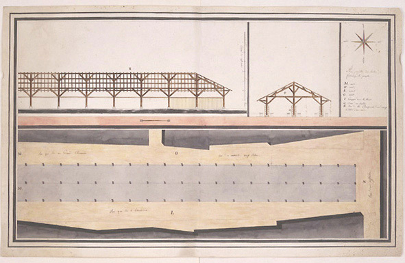 Projet de reconstruction des halles, environ au 1/130e, n.s., n.d., (Joseph Caldelar ?, 1796 ?). Reproduction Archives départementales de Vendée (cliché 2449).