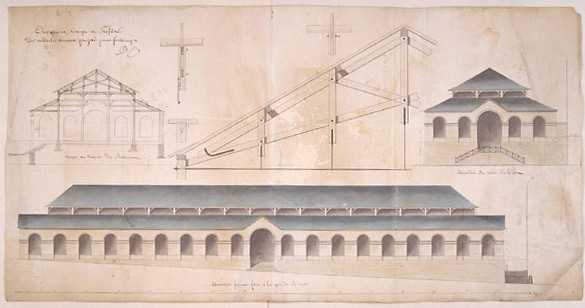 Projet de marché couvert à l'emplacement de l'actuelle place du Marché aux Herbes. Elévations et coupe au 1/100e signés Joseph Babin (architecte), n.d. [1837]. Reproduction Archives départementales de Vendée (cliché 2443).