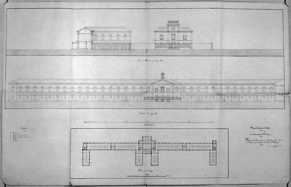 'Projet d'amélioration et de restauration à faire à l'hospice des aliénés de la ville de Fontenay'. Plan du premier étage, façades et coupe signés A. Garnereau, non daté.