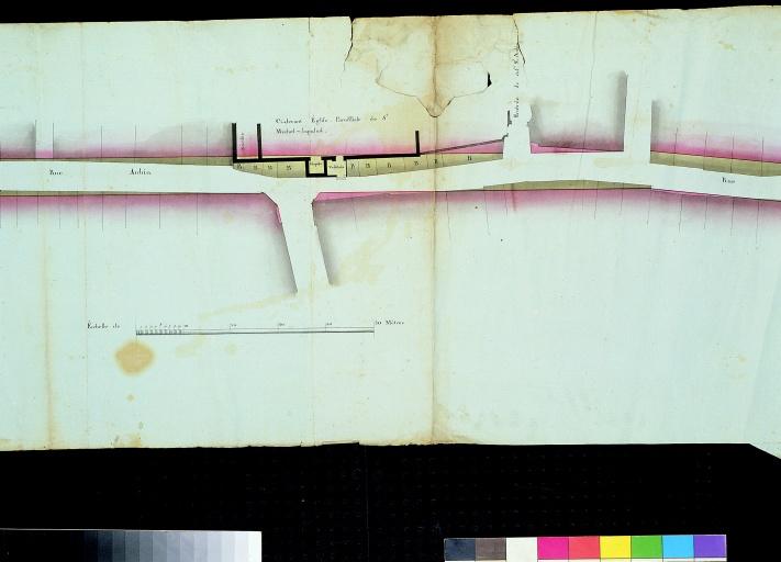 Plan des traverses de la Ville d'Angers avec les redressements approuvé par le Département 31 mai 1795 (le 12 prairial an 3) : détail sur l'emprise de l'église le long de la rue Saint-Aubin.