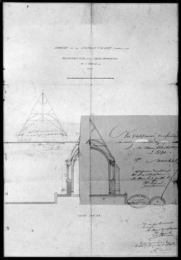 Reconstruction d'une tour et restauration de l'église, coupe transversale sans retombe, dessin, par Paul Lemesle, 1866
