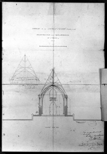 Reconstruction d'une tour et restauration de l'église, coupe transversale sans retombe, dessin, par Paul Lemesle, 1866