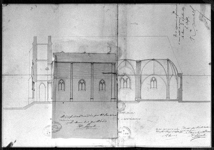Coupe transversale de la nef avec retombe, dessin, par Paul Lemesle, 1866