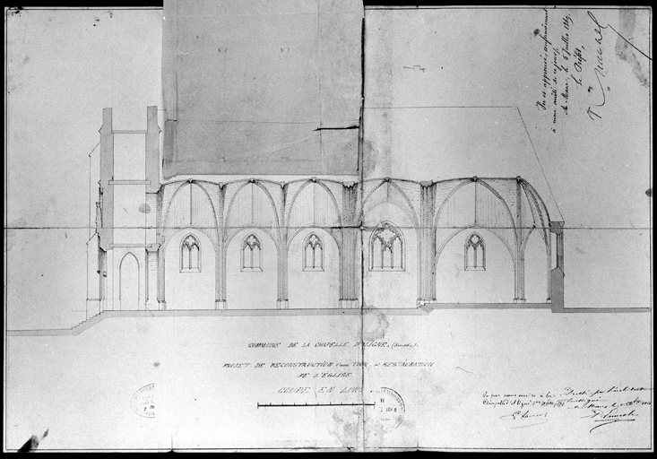 Coupe transversale de la nef sans retombe, dessin, par Paul Lemesle, 1866