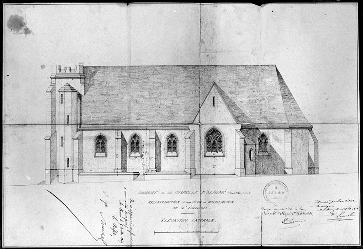 Elévation nord de la nef, dessin, par Paul Lemesle, 1866