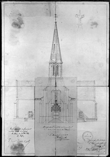 Elévation ouest du clocher avec retombe, dessin, par Paul Lemesle, 1866