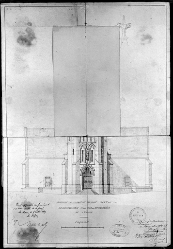 Elévation ouest du clocher sans retombe, dessin, par Paul Lemesle, 1866