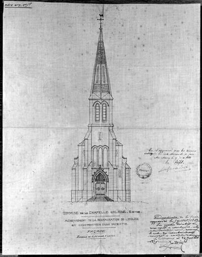 Achèvement de la restauration de l'église et construction d'une sacrisitie, élévation ouest du clocher, dessin, par Paul Lemesle, 1866