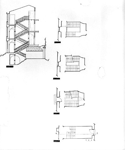 Plans et coupe longitudinale de l'escalier.