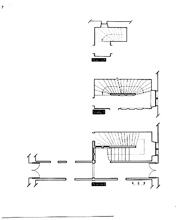 Plans de l'escalier aux trois niveaux (rez-de-chaussée, premier étage et deuxième étage) par Grégory Biraud, architecte, en juin 2000.