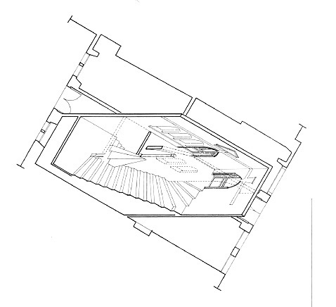 Vue axonométrique de l'escalier par Grégory Biraud, architecte, en juin 2000.