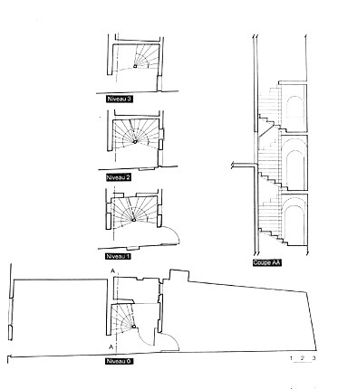 Plans et coupe de l'escalier du n° 22. Relevé par Grégory Biraud, architecte, en juin 2000. Collection particulière.