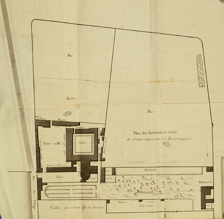 Plan du couvent, dressé à la fin du XVIIIe siècle, en vue de l'installation de l'hôpital. Dessin aquarellé, fin XVIIIe. AN, Paris : C 522, 236.