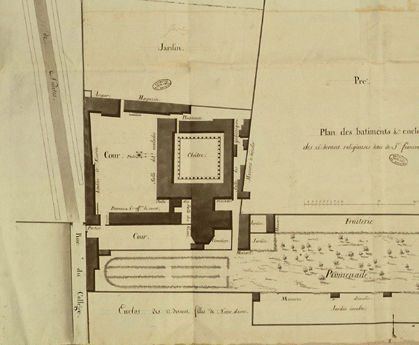 Plan du couvent, dressé à la fin du XVIIIe siècle, en vue de l'installation de l'hôpital : détail. Dessin aquarellé, fin XVIIIe. AN, Paris : C 522, 236.