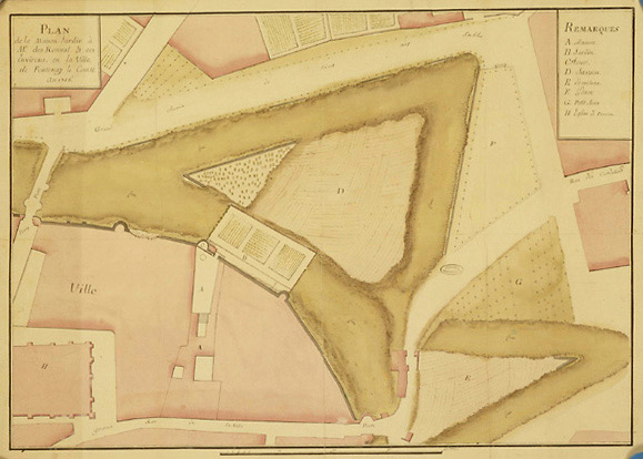 Plan de maison, dressé en 1756, montrant les anciennes fortifications, avant la création de la place Royale.