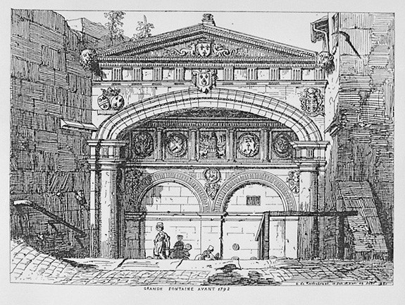 La fontaine avant 1792. Restitution supposée par B. Fillon et O. de Rochebrune. Gravure d'Octave de Rochebrune en 1861.