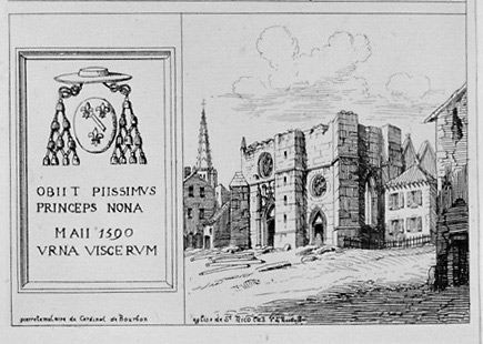 Vue de l'église d'après Monbail et 'pierre tumulaire du Cardinal de Bourbon'. Gravure d'Octave de Rochebrune en 1861. (Collection particulière).