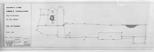 Elévation au 1/200e de la façade sud du château (voir fig. 11) par la S.C.P. Chaillou-Susset, géomètres experts, en avril 1994. S.D.A.P. Vendée.