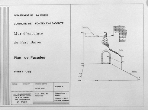 Elévation au 1/100e de la façade en retour du château (voir fig. 02) par la S.C.P. Chaillou-Susset, géomètres experts, en avril 1994. S.D.A.P. Vendée.