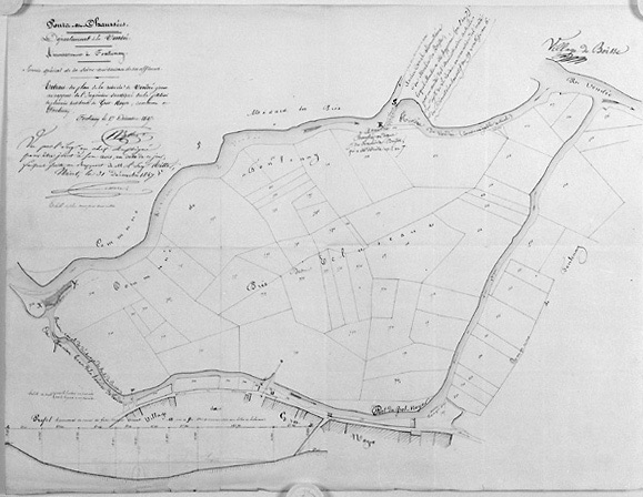 Régularisation de la Vendée (à Biossais). Plan joint au rapport de l'ingénieur sur la pétition de plusieurs habitants du Gros-Noyer. Plan au 1/1000e signé et daté de Ritter, ingénieur, le 17 décembre 1847. A. D. Vendée SS 501/14.