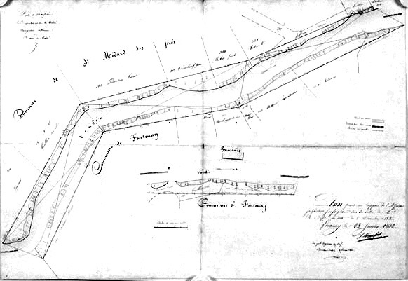 Régularisation de la Vendée (à Biossais). Plan au 1/1000e signé et daté L. Francfort, aspirant ingénieur, le 23 février 1842. A. D. Vendée SS 500/13.