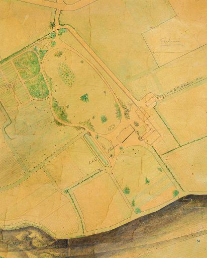 Plan parcellaire de la Grande Flècherie et des propriétés alentours : détail sur le château et le parc, plume et aquarelle, 23 mars 1876, 1:1000.