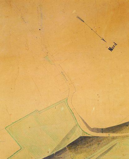 Plan parcellaire de la Grande Flècherie et des propriétés alentours : détail sur la Gatelière, plume et aquarelle, 23 mars 1876, 1:1000.
