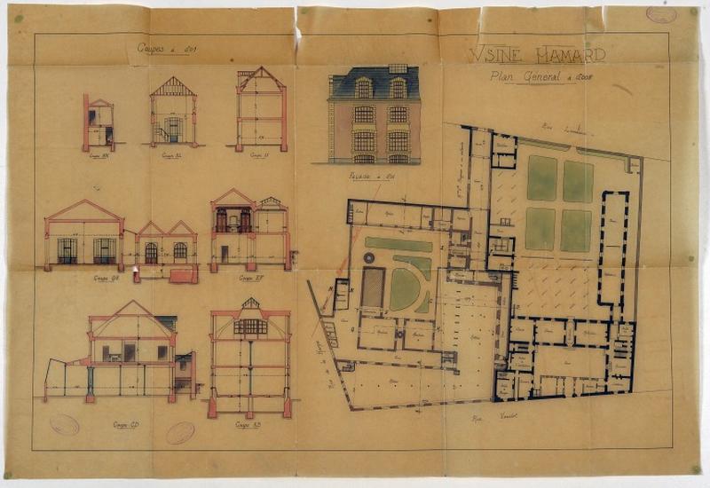 Plan en 1906 de l'usine de chaussures et de l'hôtel d'Ambray voisin, sur le site de l'ancien couvent des Augustins.