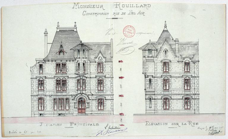 Elévations sur cour et sur rue, projet d'agrandissement, par Ernest Bricard, 1911.