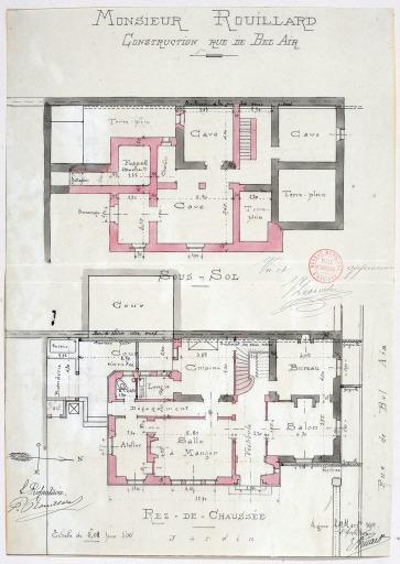 Plans du sous-sol et du rez-de-chaussée, projet d'agrandissement, par Ernest Bricard, 1911.