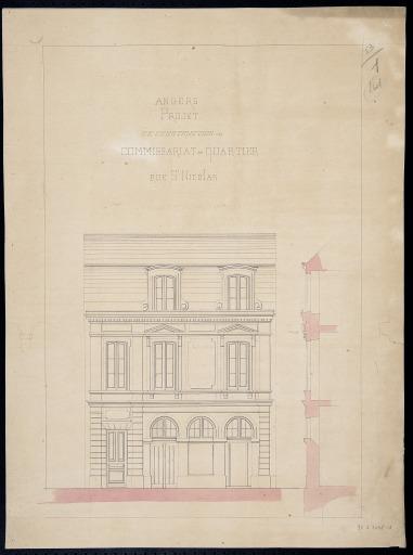 Angers. Projet de construire un commissariat de quartier rue Saint-Nicolas : élévation antérieure ; (projet réalisé) avec porte piétonne au lieu d'une porte cochère ; par E. Dainville,1870.