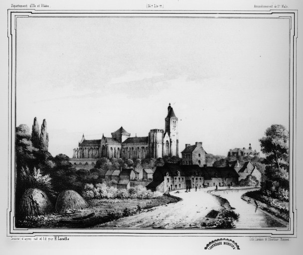 Le faubourg au premier plan avec la rivière Le Guyoult à droite (dessin par Lorette, vers 1840) ; Vue de situation nord-ouest (dessin par Lorette, vers 1840)