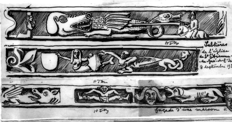 Saint Georges terrassant le dragon, sirène, acrobate, chien. Dessin Frotier de la Messelière ; Vue générale