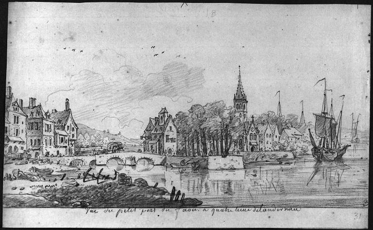 Vue du port du Faou. Dessin de Louis-François Cassas, vers 1776 ; Vue du port du Faou. Dessin de Louis-François Cassas, vers 1776