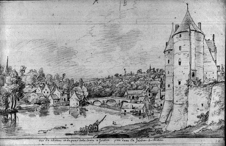 Vue du château et du pont de la croix à Joslin pris dans le jardin du château. Dessin, 1776 (coll. part.) ; Vue de l'ancien pont, du faubourg de Sainte-Croix, de la rivière, des moulins de Sainte-Croix et Sainte-Catherine disparus. Dessin, 1776 (coll. part.) ; Vue du faubourg de Sainte-Croix, de la rivière, des moulins de Sainte-Croix et Sainte-Catherine aujourd'hui disparus. Dessin L.F. Cassas, 1776 (collection privée)