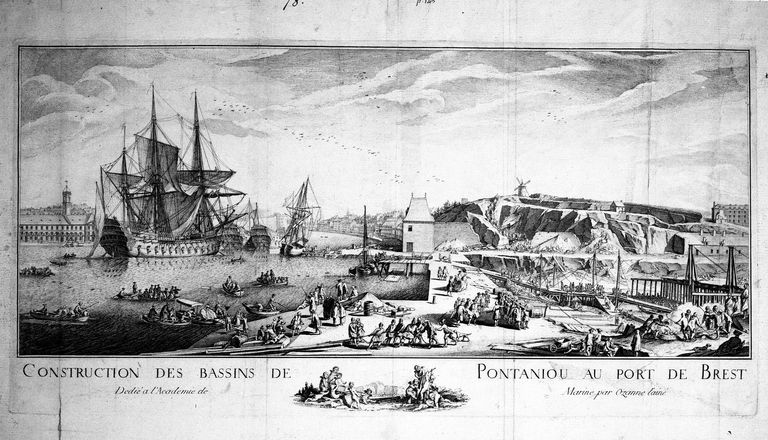 Construction des bassins de Pontaniou au port de Brest (1742-1756), déssin dédié à l'Académie de Marine par Ozanne l'ainé ; Construction des bassins de Pontaniou au port de Brest (1742-1756), déssin dédié à l'Académie de Marine par Ozanne l'ainé