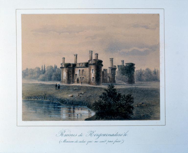 Ruines de Kergournadec'h. Aquarelle provenant d'une coll. Privée, vers 1860. Coll. Privée