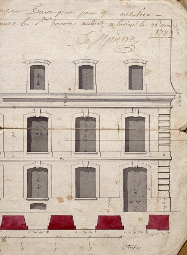 Elevation sur rue, partie nord. Dessin signé Guillois et Saint-Pierre, 1743 (Archives privées de Kernault, Mellac) ; Hôtel Duvergier de Kerhorlay, projet de 1743