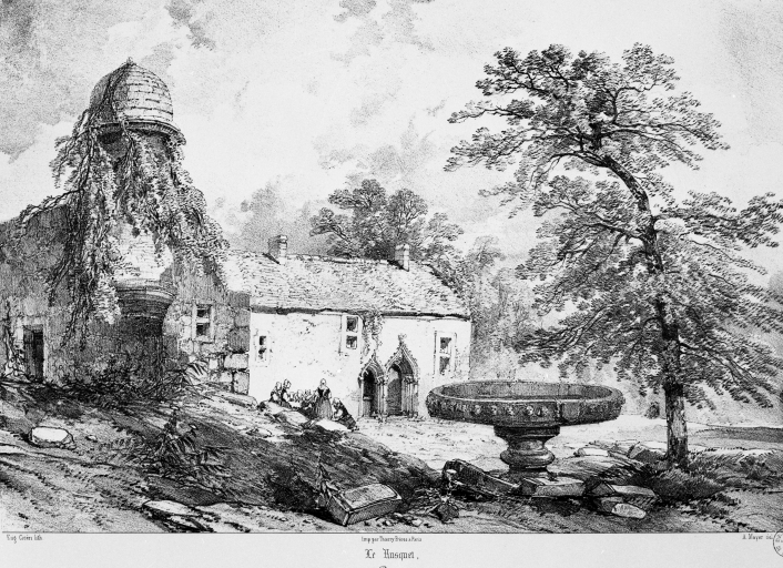 Manoir et vasque (Gravure de Ciceri d'après un dessin de Mayer, 1846)
