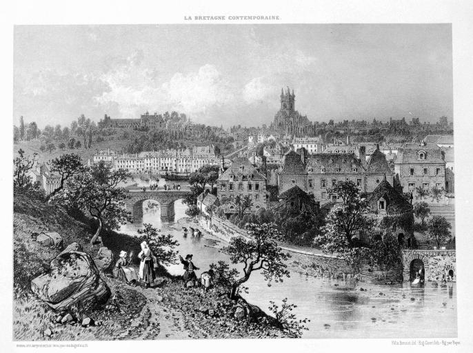 Vue de la ville et de la rivière de l'Ellé vers l'ouest. Gravure de Ciceri (Dans : La Bretagne Contemporaine, 1865)