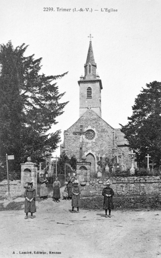 Elévation Ouest : vue générale (Carte postale ancienne, AD35 : 6Fi) ; L'église paroissiale, au début du 20e siècle