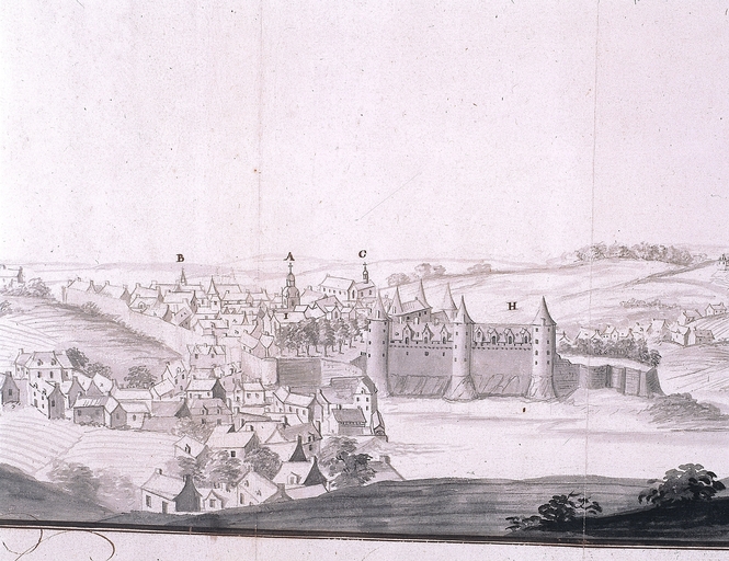 Veuë de la ville et Château de Josselin. Dessin, vers 1750 (B. M. Rennes) ; Ville de Josselin : détail de la vue topographique. Dessin, vers 1750 (BM Rennes, collection de Robien) ; Vue topographique et château de Josselin. Dessin, vers 1750 (B. M Rennes, coll. Robien)