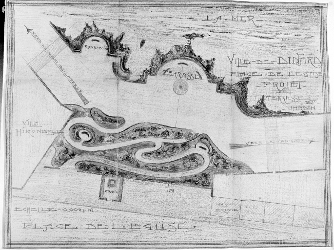 Projet de construction d'un jardin public avec terrasse et amorce d'une voie en corniche au devant de la place de l'église, 14 juin 1912. Plan parcellaire d'ensemble au 1/2500e.