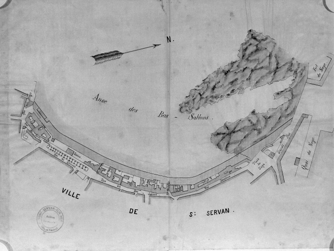 Vue générale ; Plan d'aménagement de l'anse des Bas-Sablons par les Ponts et Chaussées, 1869. ; Plan de l'anse des Bas-Sablons par les Ponts et Chaussée, 1869.