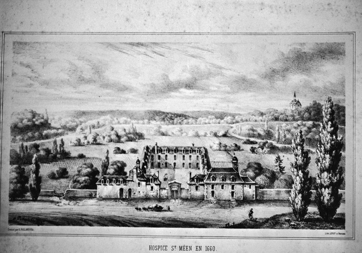 L'hospice Saint-Méen en 1660, dessin par A. Paillard fils, 19e siècle, (A. C. H. R.)