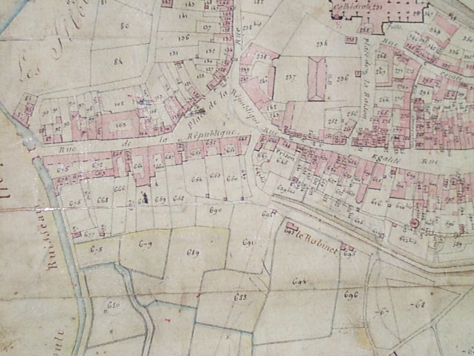 Extrait du cadastre de 1813 ; Extrait du cadastre de 1813 ; Cadastre de 1813, l'éperon et les remparts au sud ; Extrait du cadastre de 1813 : palais, parcelles 236 et 237