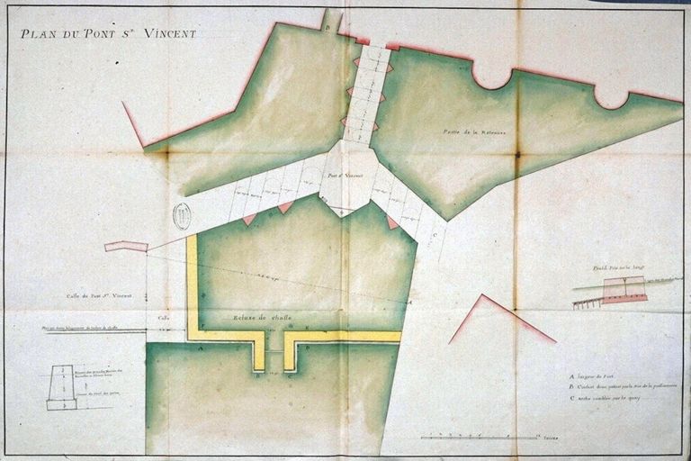 Fonds de l'intendance. Plan du pont Saint-Vincent à Vannes. Dessin : plan, 18e siècle. AD Ille-et-Vilaine C 704/02. ; Fonds de l'intendance. Plan du pont Saint-Vincent à Vannes. Dessin : plan, 18e siècle. AD Ille-et-Vilaine C 704/02.